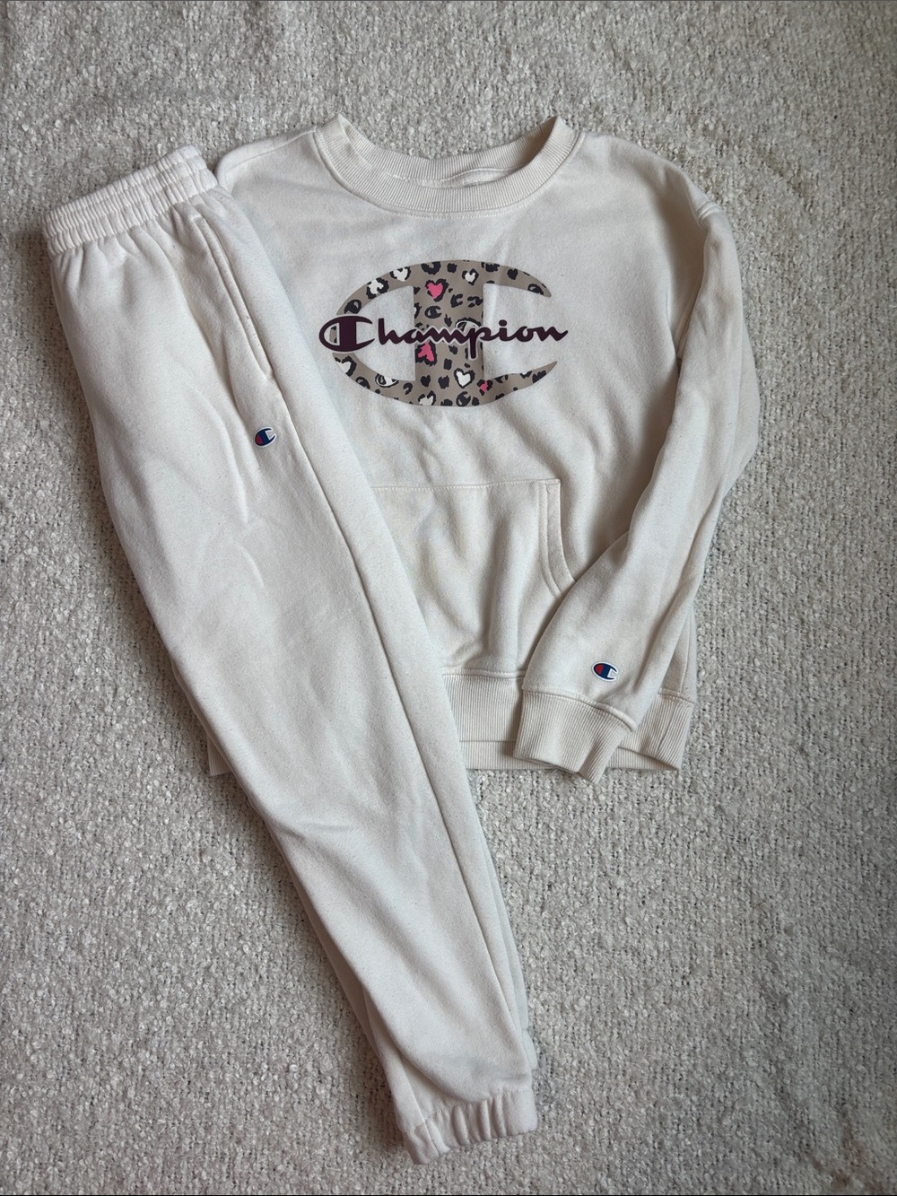 Champion Cream Sweatshirt and Joggers Set with Leopard Logo